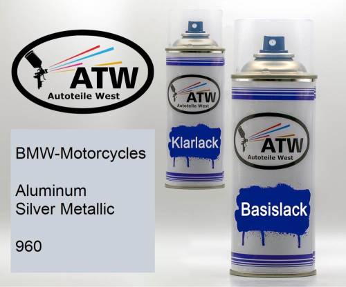 BMW-Motorcycles, Aluminum Silver Metallic, 960: 400ml Sprühdose + 400ml Klarlack - Set, von ATW Autoteile West.